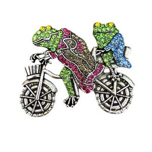 Green Frog Duo Bicycle Brooch with Rhinestones in Silver Tone